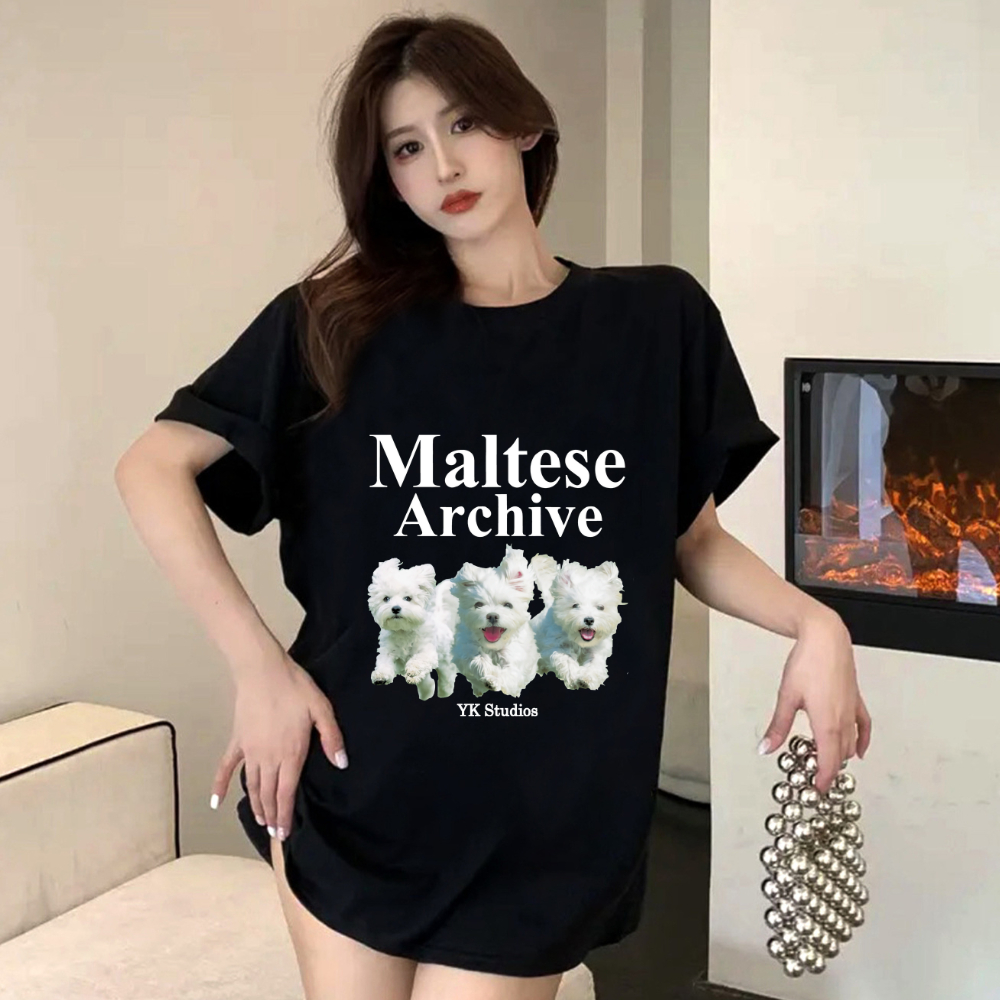 【My-T】พร้อมส่ง เสื้อยืด Oversize ผ้าcotton 100% เสื้อยืดผู้หญิง คอกลม ใส่สบายลาย "Maltese Archive"