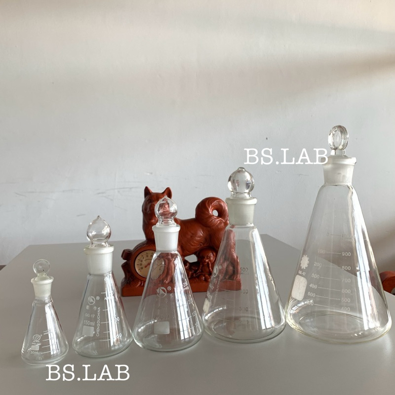 ขวดรูปชมพู่แบบปากแคบ มีจุกปิดแก้ว (Erlenmeyer (Conical) Flask Narrow Neck- Glass with Glass Stopper