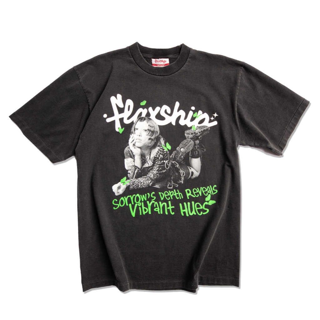 Flaxship X Poii Sadness Glamour N Gloom Tee faded black เสื้อยืดลาย Glamour N Gloom เสื้อยืดแฟชั่นดำฟอก (Unisex)