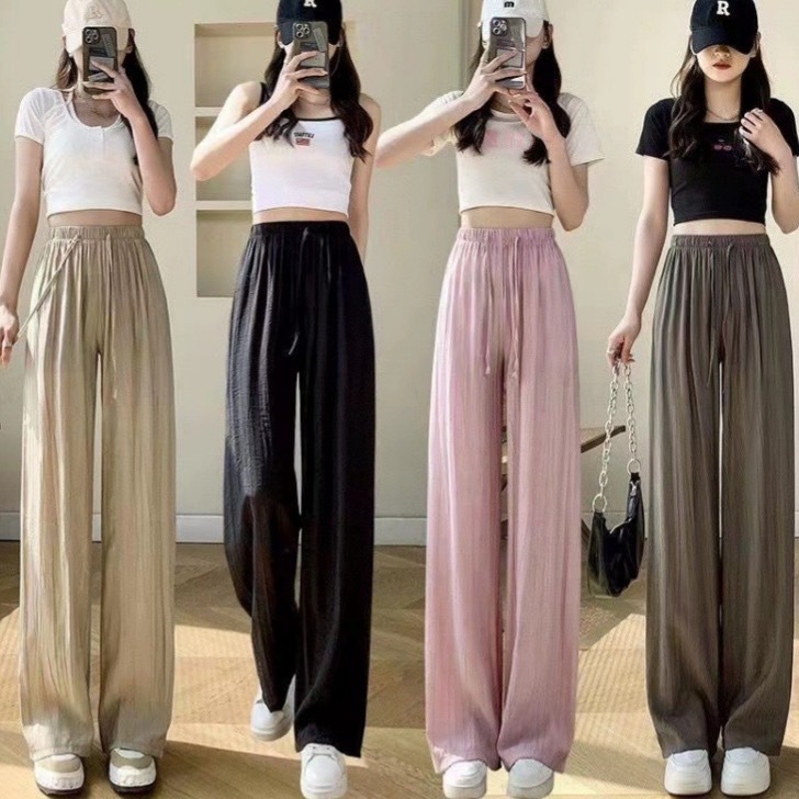 พร้อมส่ง กางเกงขายาวผู้หญิงเอวสูง มีเชือกผูก ใส่สบาย