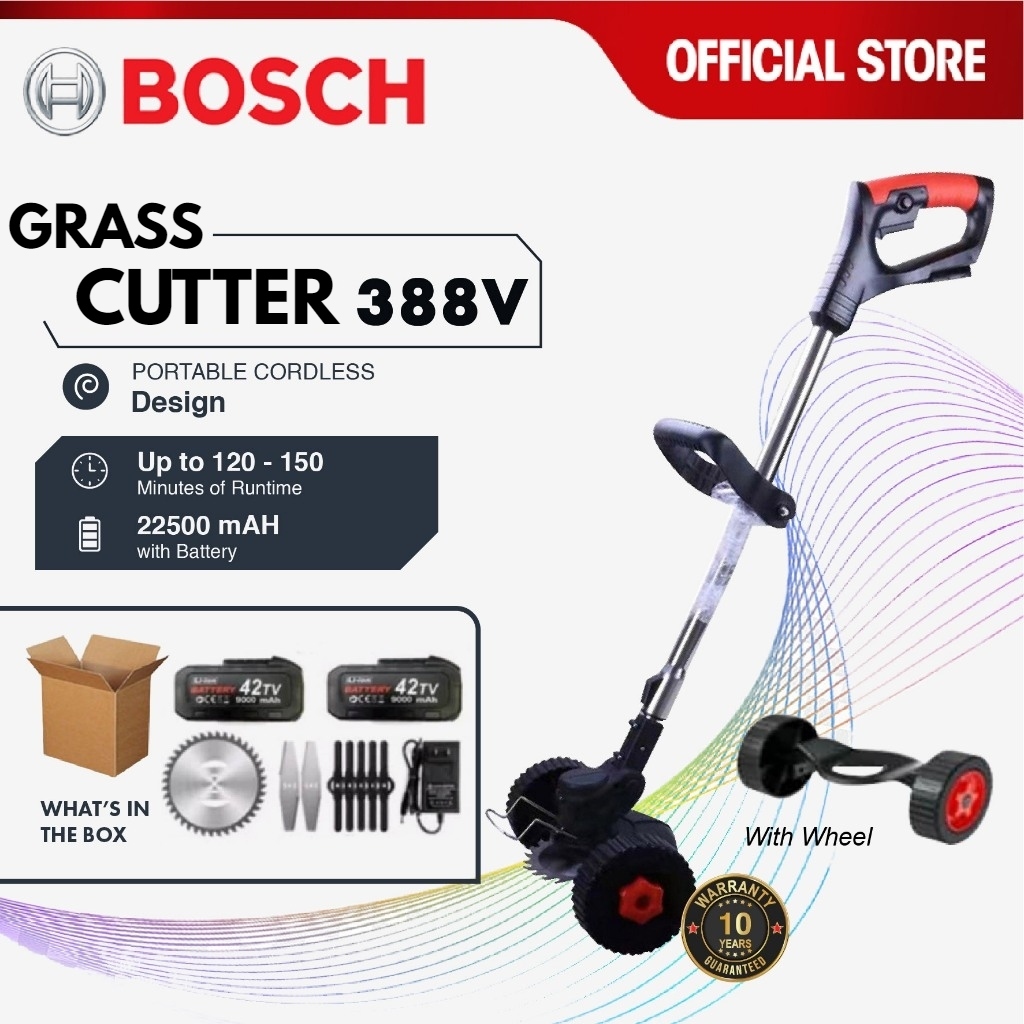 ?รับประกัน 10 ปี?Bosch เครื่องตัดหญ้าไฟฟ้าไร้สายทรงพลัง เครื่องตัดหญ้า 388V แบตเตอรี่ลิเธียมแบบชาร์จได้ 2 ก้อน