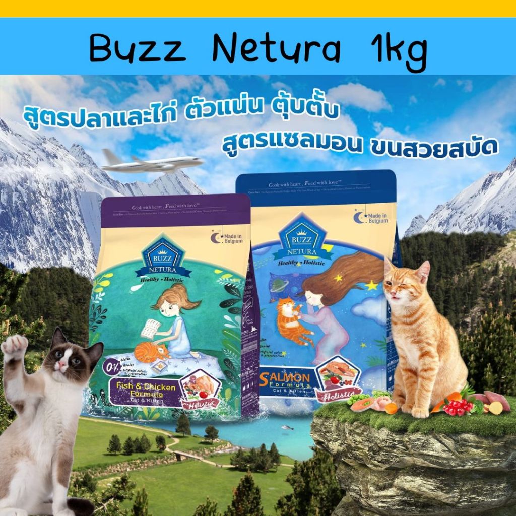 Buzz Netura บัซซ์โฮลิสติก-เกรนฟรี สูตรเนื้อปลาและเนื้อไก่ แซลมอน 1 kg
