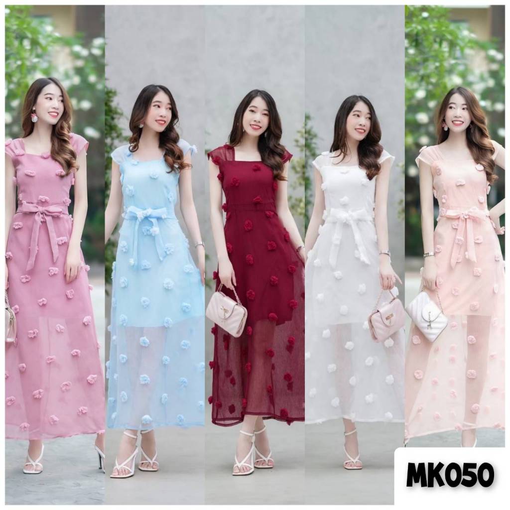 Maxi dress ผ้าซีทรู แต่งปอมๆ สวยหรูดูแพงมากๆ ชุดเดรสแฟชั่น เก็บเงินปลายทาง
