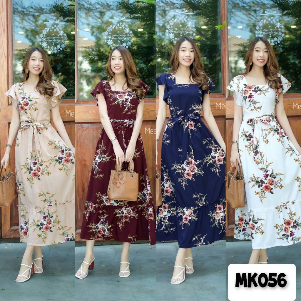 Maxi dress ลายกุหลาบทรงคอเหลี่ยม แต่งแขนระบายย้วย ชุดเดรสแฟชั่น เก็บเงินปลายทาง