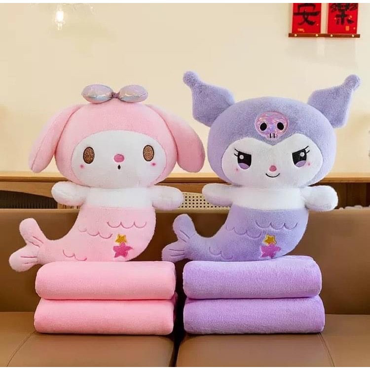หมอนผ้าห่มตุ๊กตา Kuromi โคโรมิเงือก ตุ๊กตาน่ารัก ผ้าห่ม พกพาง่าย ผ้าขนแกะปะการัง