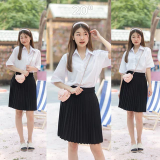 กระโปรงพลีท นักศึกษา เอวฟรีไซต์-XL จีบเล็ก จีบใหญ่ จีบทวิว ผ้าหางกระรอกสีดำ