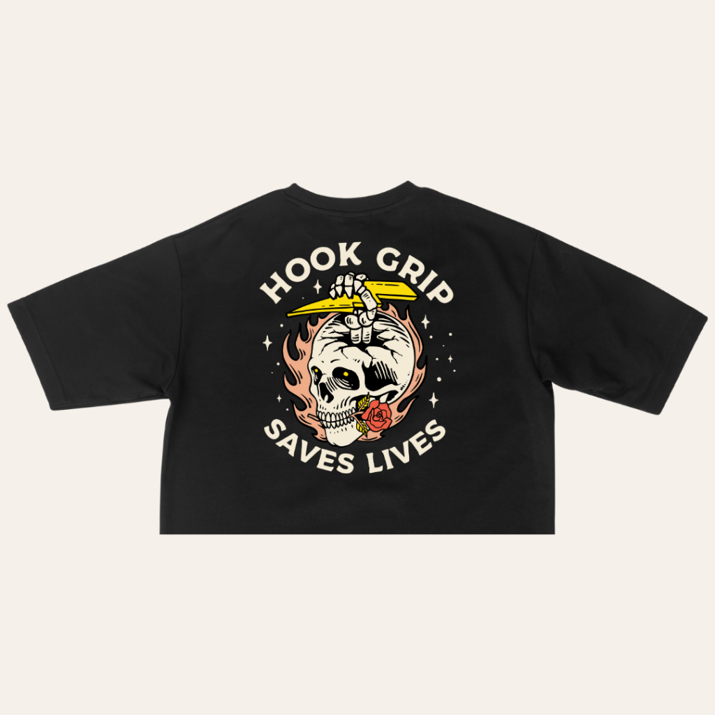 Crop Top - Hook Grips Save Lives (Black) - Premium Cotton Spandex 🏋🏽‍♀️⚡️ | เสื้อครอปโอเวอร์ไซส์ ผ้าคุณภาพพรีเมี่ยม