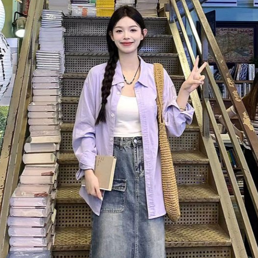 MCB073 เสื้อเชิ้ตแขนยาว ผ้าฝ้าย ทรงหลวม สไตล์ฝรั่งเศส ฟรีไซซ์ สําหรับผู้หญิง อก44 สีม่วง แขนยาวคอปก 