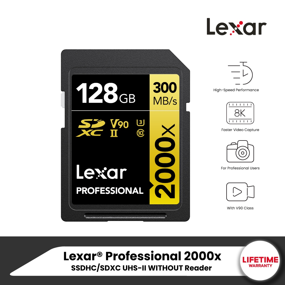 Lexar SD2000x 128GB UHS-II U3 V90 SD Card (เอสดีการ์ด) Full-HD 3D 4K 8K RW300/260MB/s (LSD2000128G) เมมโมรี่การ์ด
