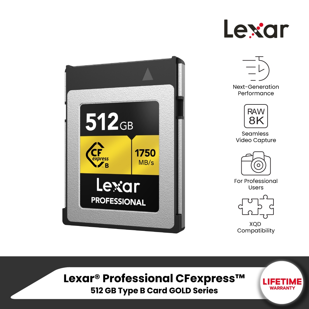 Lexar CFexpress Type B 512GB (ซีเอฟเอ็กเพรสการ์ด) VPG400 RAW 8K RW1900/1500MB/s (LCXEXPR512G) GOLD S