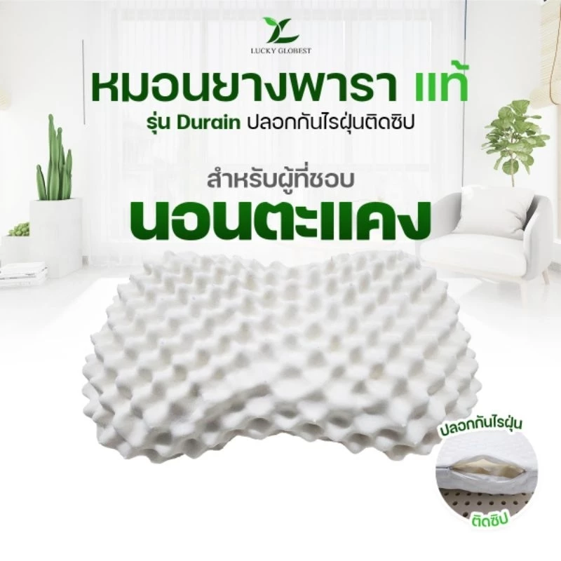 Lucky Globest หมอนยางพาราแท้ รุ่น Durain พร้อมปลอกติดซิป(คละลาย)