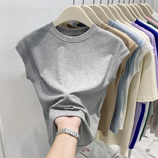 Beryl🌻เสื้อยืดแขนกุดสีขาวผู้หญิง สไตล์หลวมๆ เรียบง่าย
