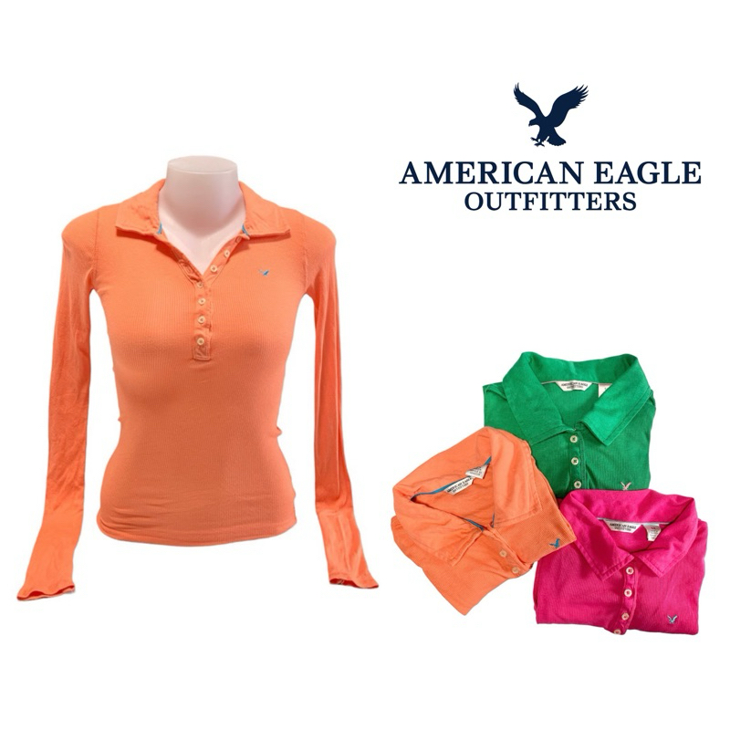American Eagle AE ( YG02 ) เสื้อคอปกโปโล กระดุมยาว7เม็ด สีส้ม สีชมพู สีเขียว