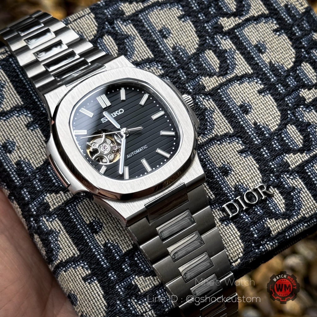 SeikoMod Open Heart Nautilus Design Black Waffle Dial