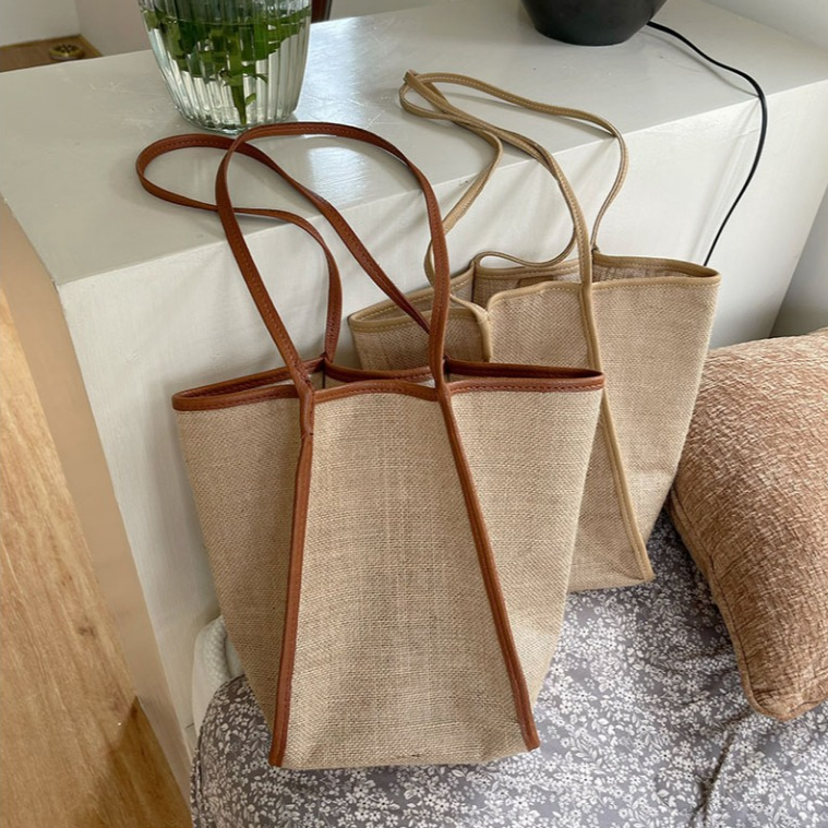 Look.Hive กระเป๋าผ้าป่านมินิมอล ทรงสวยแถมกระเป๋าหนังใบเล็ก 3 สี N039