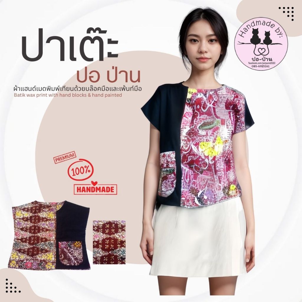 เสื้อครอปผ้าปาเต๊ะแท้งานทำมือ100%บล๊อคมือเพ้นท์มือ