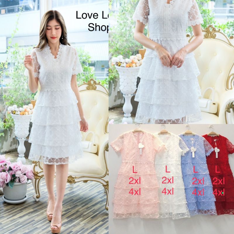 เดรสสั้นสีขาว!!! L-4XL Mini Dress เดรสสั้นสีฟ้าผ้าปักกระโปรงระบายชั้นๆ งานป้าย Love love