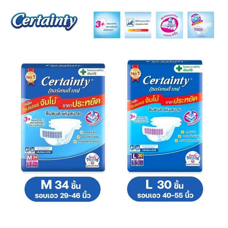 [1ห่อ ราคาประหยัด] M34/ L28 /XL-XXL24 ชิ้น เซอร์เทนตี้ เทป ผ้าอ้อมผู้ใหญ่แบบเทป CertaintyTape แพมเพิสผู้ใหญ่