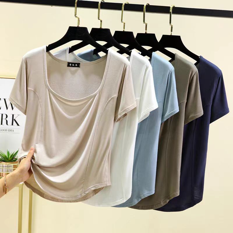2403 เสื้อยืดคอเหลี่ยมแขนสั้น ชายโคร่งสีพื้น เนื้อผ้าเรย่อน คอต่ำ เนื้อผ้านิ่มบางเบาใส่สบาย Modal T-shirts ราคา ถูกที่สุด ดีลบีเคเค