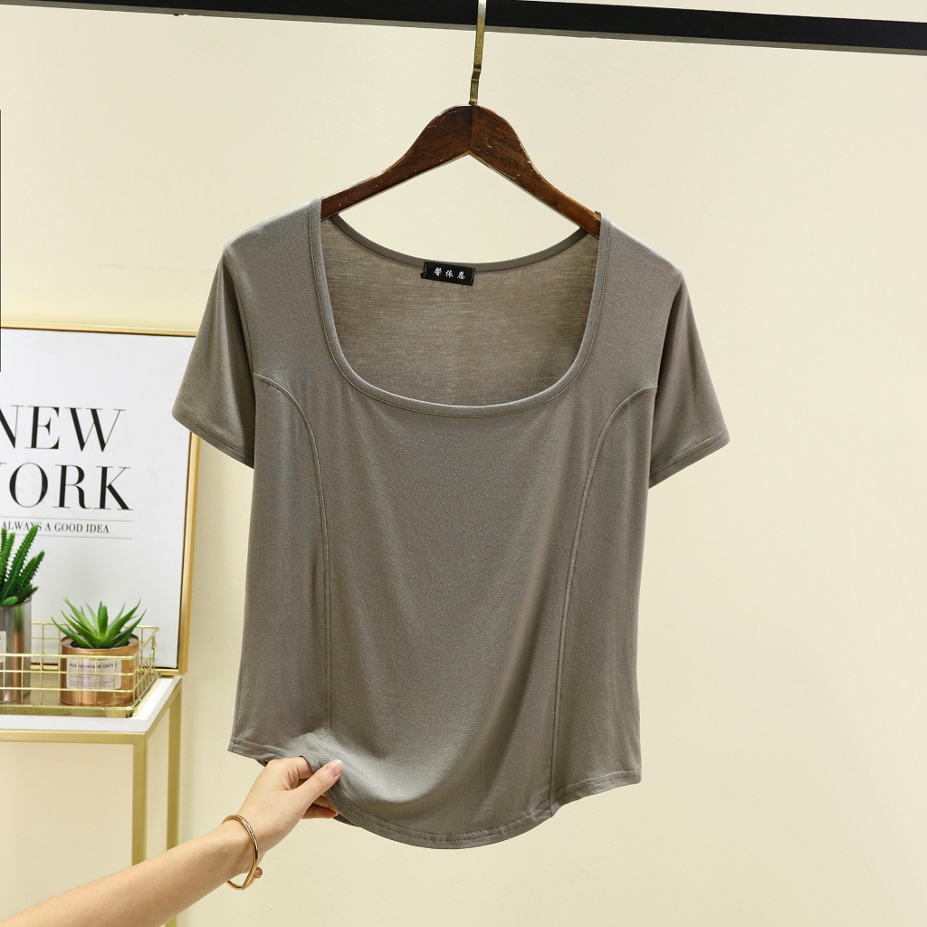 2403 เสื้อยืดคอเหลี่ยมแขนสั้น ชายโคร่งสีพื้น เนื้อผ้าเรย่อน คอต่ำ เนื้อผ้านิ่มบางเบาใส่สบาย Modal T-shirts ราคา ถูกที่สุด ดีลบีเคเค แกลเลอรีภาพที่ 5