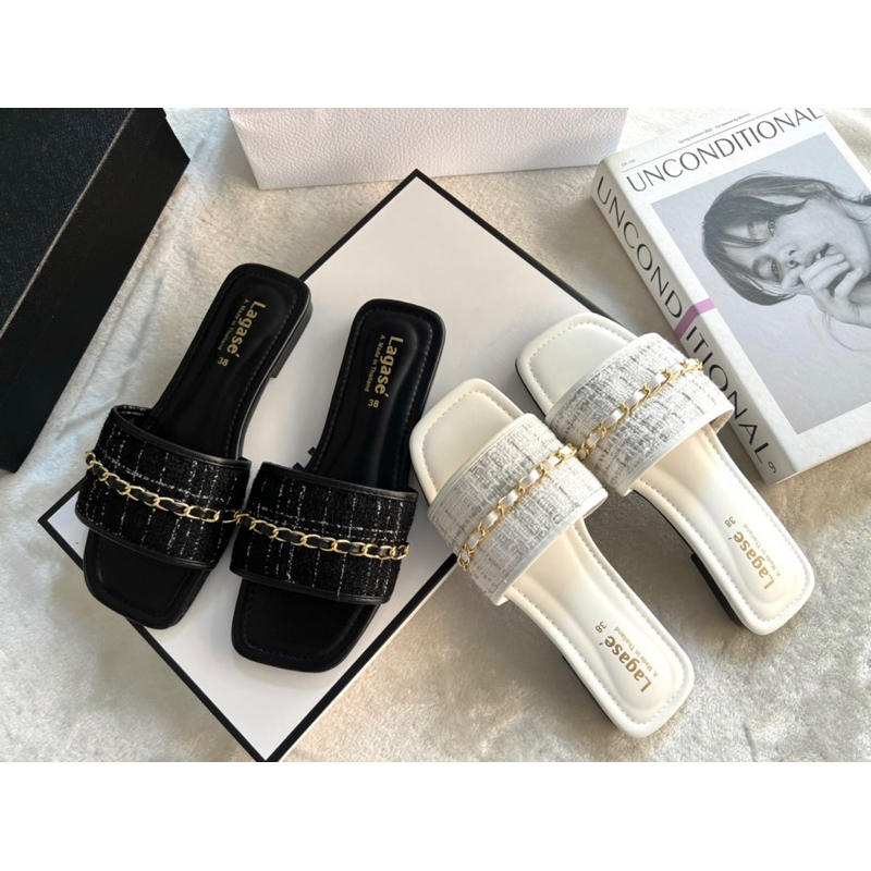 🎀RinyaShoes🎀รองเท้าแตะแบบสวมผ้าทวิตแต่งโซ่ทอง สวยหรูมากค่ะ(มีไซด์36-45)สินค้าพร้อมส่ง สินค้า