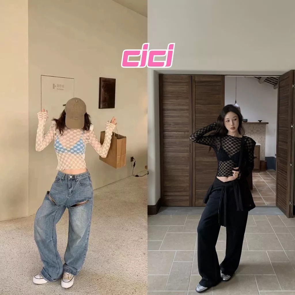 ส่งทันที Cici (NO. U092)เสื้อซีทรูคอกลม แขนยาวทรงกระดิ่ง ผ้าลูกไม้นิ่มยืดเยอะเข้ารูป สไตล์ Y2K เซ็กซี่ แซ่บๆ