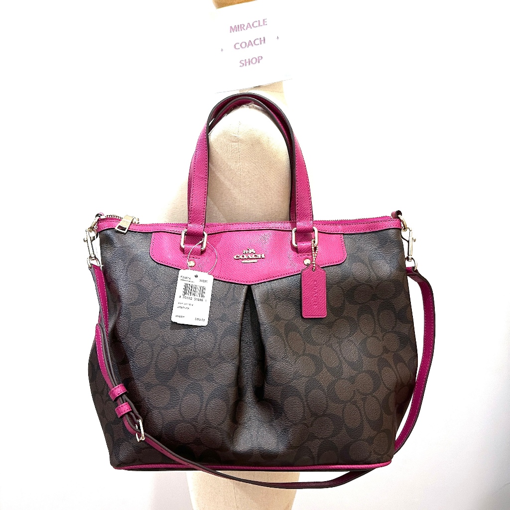 กระเป๋าถือ Coated canvas ลาย Signature สายหนัง มีสายยาว Coach 34614 Signature Pleat Tote Satchel Han