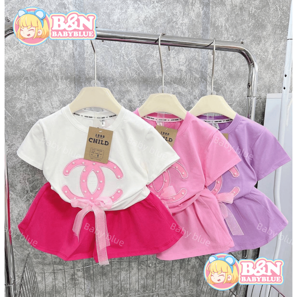 ชุดเซ็ตแฟชั่นเด็กหญิงลุคคุณหนู รหัส NBV สีสันสดใสพิมพ์ลายน่ารัก มี 3 สี ขาว ชมพู ม่วง ไซส์ s,m,l,xl