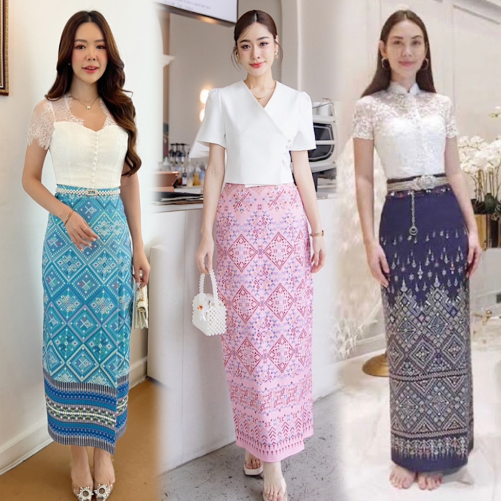 S-XL ชุดไทยทำบุญ เสื้อลูกไม้สีขาว+ผ้าถุง งานป้าย#Ariya