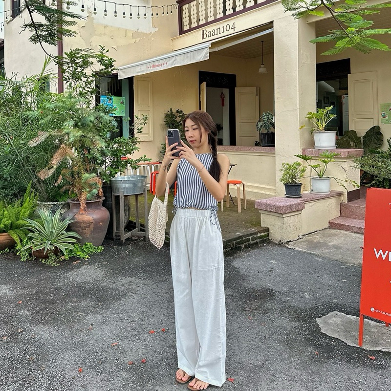 Pao pao set ชุดเซ็ทเสื้อกางเกงขายาวผ้าฝ้าย ชุดมินิมอลไปคาเฟ่ ชุดเซ็ตผู้หญิง - รูปที่ 4