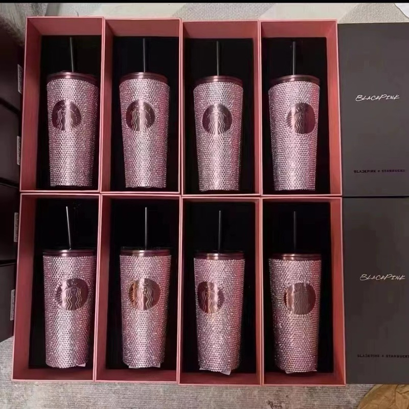พร้อมส่ง ส่งเร็วใน24 ชม. แก้วเพชรสแตนเลส304เก็บเย็นพร้อมหลอด แก้วเก็บความเย็นสีชมล้อมเพชร กระบอกน้ำเพชรC