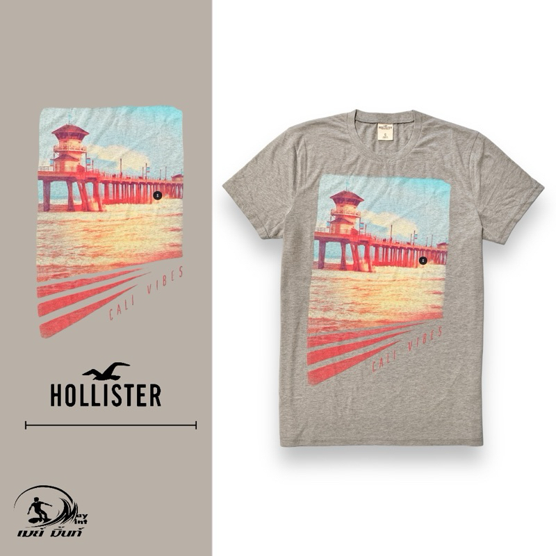 Hollister เสื้อยืดคอกลม แขนสั้น สีเทา สกรีนลาย ผ้านิ่ม ใส่นุ่มสบาย ไซส์S ของแท้ พร้อมส่ง