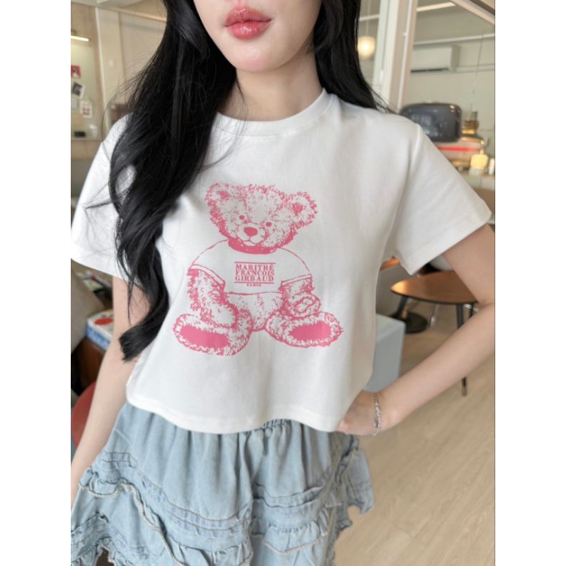 Valen เสื้อยืด เสื้อครอป ลายหมี งานป้าย