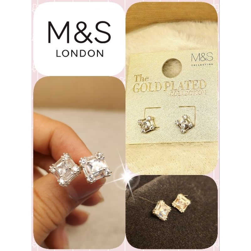 ต่างหู เพชร สี่เหลี่ยม Marks and Spencer Silver Square Stud Earring (แถมถุงผ้า)