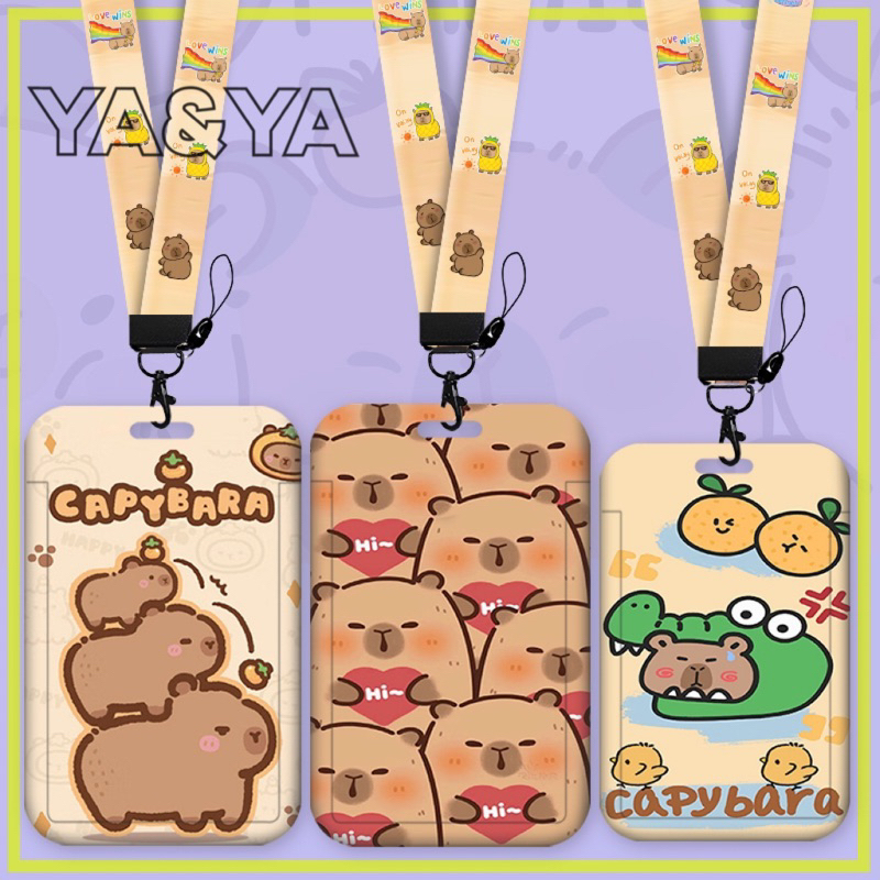 กระเป๋าใส่บัตรประจําตัวนักเรียน ป้องกันการสูญหาย ลายการ์ตูน Capybara Capybara น่ารัก พร้อมเชือกคล้อง พับเก็บได้ สําหรับน