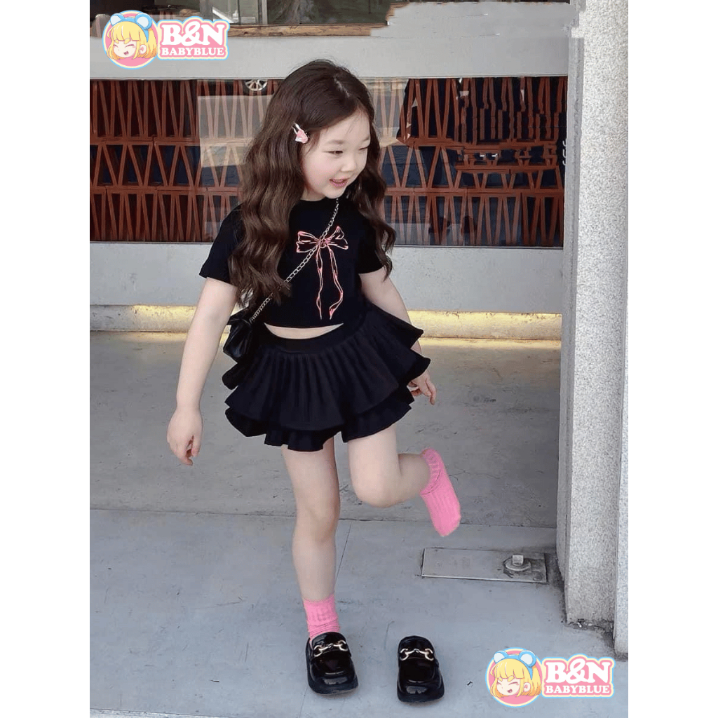 ชุดเซ็ตแฟชั่นเกาหลีเด็กหญิง รหัส Dayy เซ็ตสีดำลายปักโบว์ น่ารัก ไซส์ s,m,l,xl