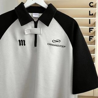 CLIFF เสื้อโปโลผู้ชาย ผ้าวาฟเฟิลด์ เสื้อสไตล์วิทยาลัย ซิปสีผสมแขนสั้น