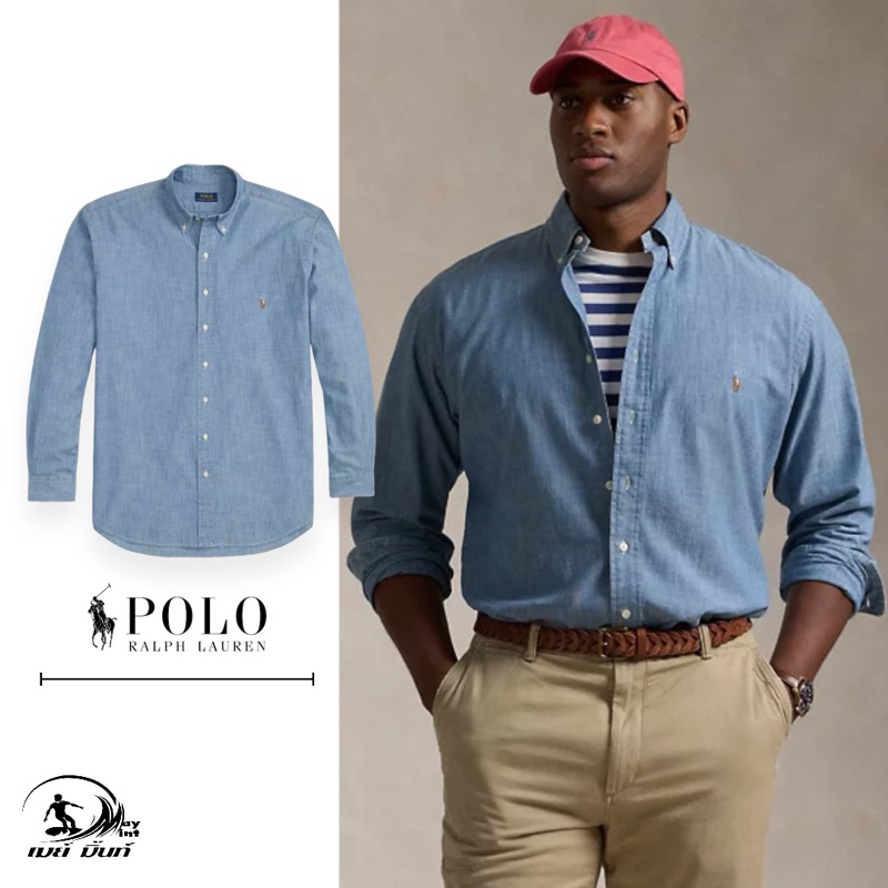 Polo Ralph Lauren เสื้อเชิ้ต แขนยาว ผู้ชาย สียีนส์ แชมเบรย์ M slim fit อก40