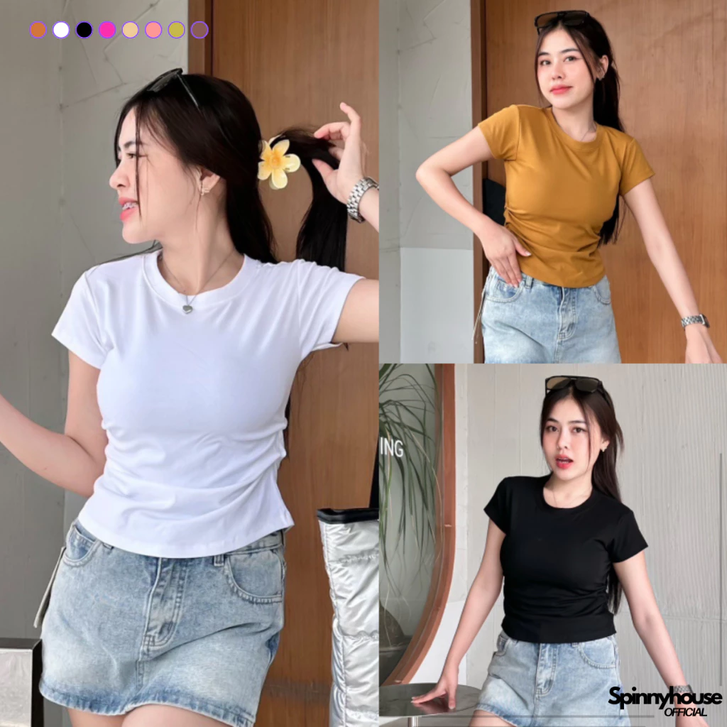 🌈SpinnyHouse🌈เสื้อยืดรัดรูป ผ้ายืดยูนิโคล่ ทรง BABYTEE 🌺 ทรงคอกลมแขนสั้น เสื้อเข้ารูป รุ่น เทมปุระ B-009-2-A