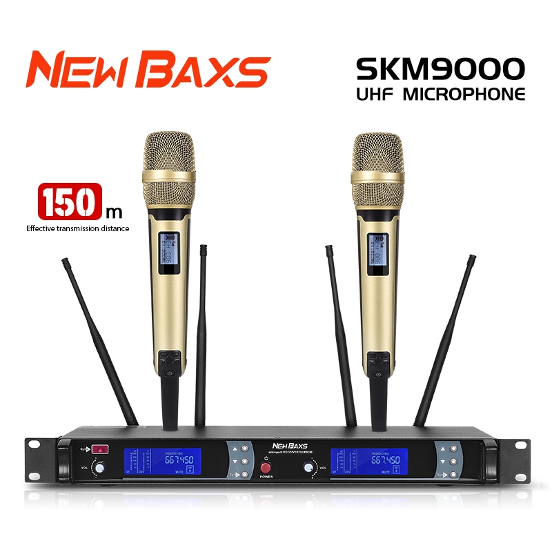 NEW BAXS SKM9000 ไมโครโฟนไร้สาย 2 มือถือ 200 เมตรรับระยะทาง 4 เสาอากาศ UHF FM โลหะเต็มรูปแบบวัสดุอุปกรณ์ร้องเพลง