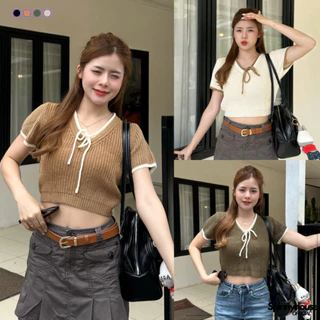🌈SpinnyHouse🌈เสื้อครอปผ้าไหมพรม ทรงคอวี แต่งเชือกผูก 💘 ผ้ายืดนิ่มใส่สบายไม่คัน สาวอวบใส่ได้ พร้อมส่งทุกสี รุ่น กีต้าร์