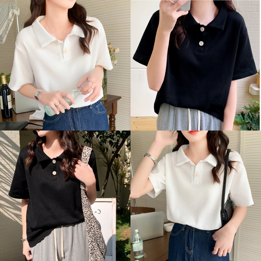 Beryl Shop 🌻เสื้อโปโลเชิ๊ต✨✨ผ้าวาฟเฟิลเสื้อยืดฤดูร้อนสีทึบของผู้หญิง