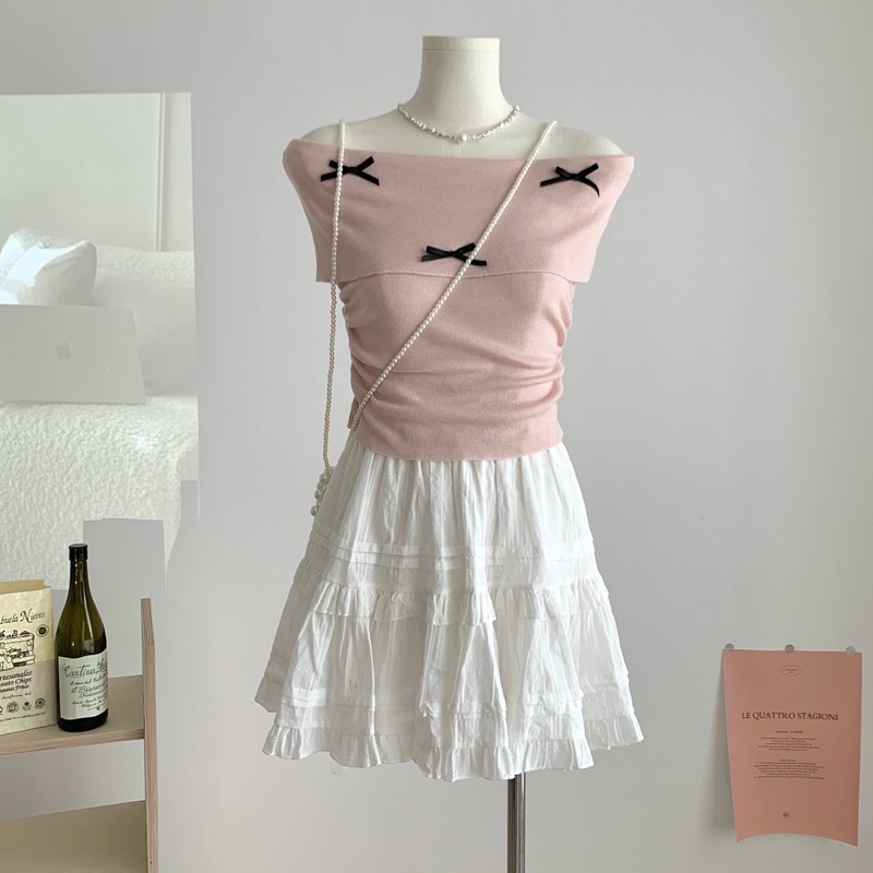 STR พร้อมส่ง💗เสื้อปาดไหล่เซ็กซี่ผู้หญิง💗แต่งโบว์ สีพื้น ผ้าไหมพรม ทรงเข้ารูป สาวอวบใส่ได้ ชุดไปทะเล สไตล์เวียดนาม - รูปที่ 5