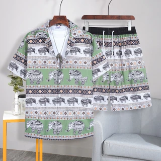 2088#เสื้อเชิ้ตเป็นชุดแบบใหม่ล่าสุดฮาวายลายช้าง เสื้อ + กางเกง