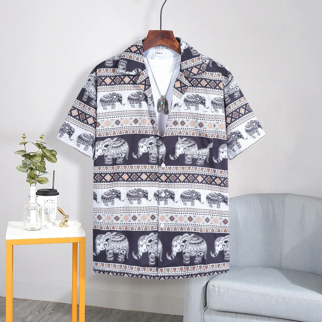 1099#เสื้อฮาวาย Hawaii พิมพ์ลาย ช้างมะลิ แนววินเทจ ทรงหลวม ใส่สบาย