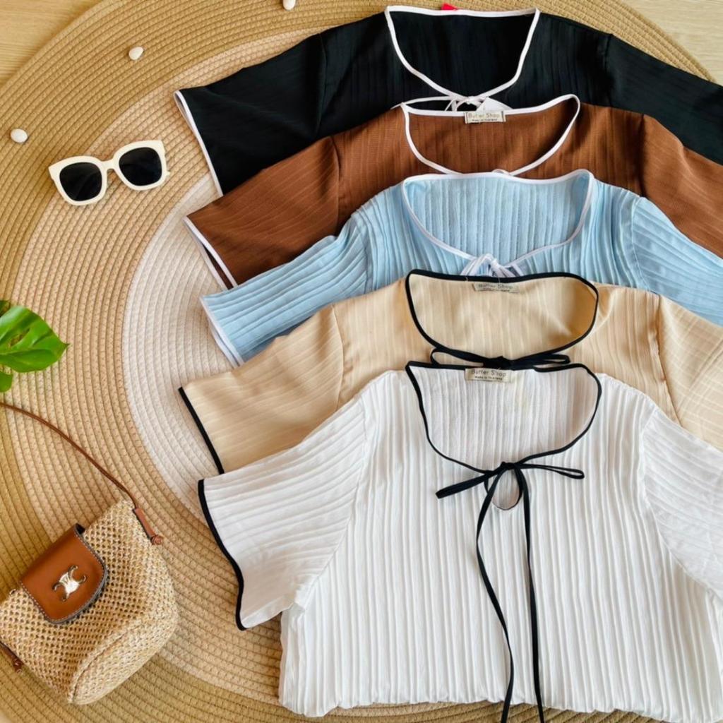 น11 เสื้อคอกลมโบว์เล็กแขนสั้น ผ้าด็อบบี้สีพื้น