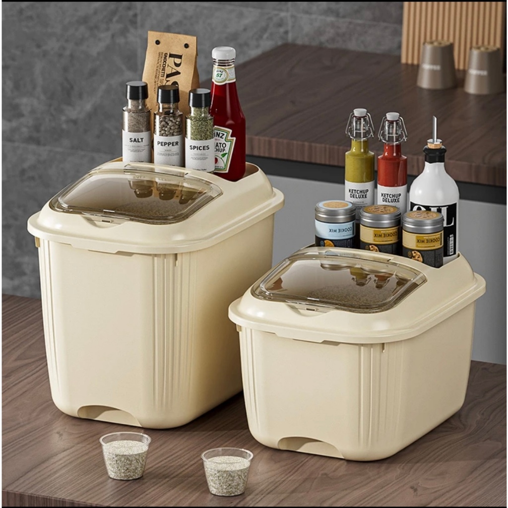 ถังเก็บข้าวสารพร้อมถ้วยตวง กล่องเก็บอาหารแห้ง เข้า วัสดุ PP คุณภาพสูง ป้องกันความชื้นและแมลง