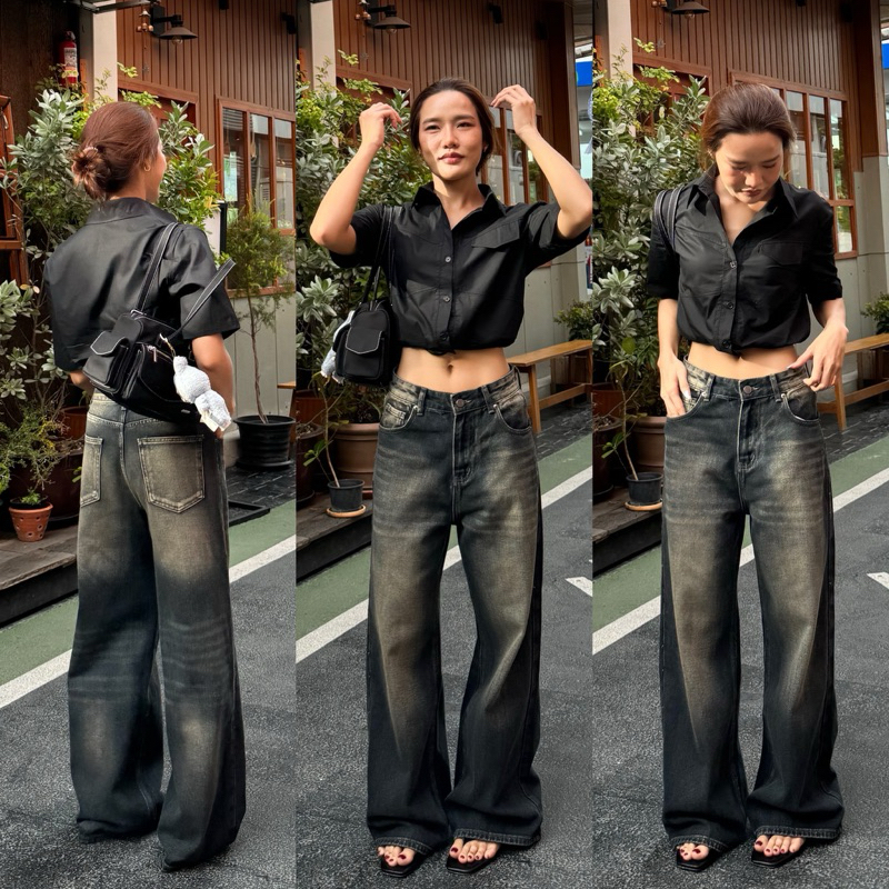 [เก็บโค้ดหน้าร้าน 30% เหลือ 489฿] Dust Jeans ยีนส์ขากระบอกใหญ่ สีดำแต่งเฟดฟอก