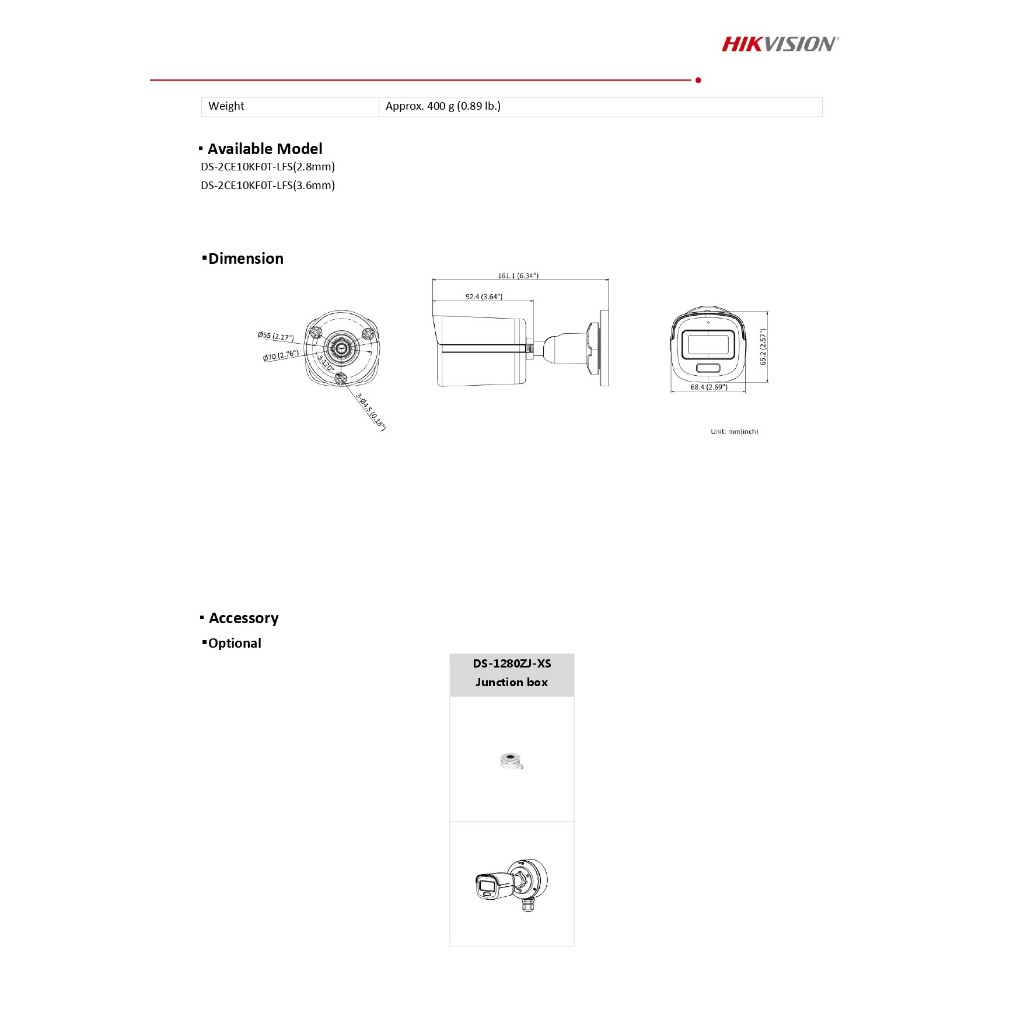 Hikvision กล้องวงจรปิด 5MP ColorVu มีไมค์ในตัว รุ่น DS-2CE10KF0T-LFS - แบบเลือกซื้อ