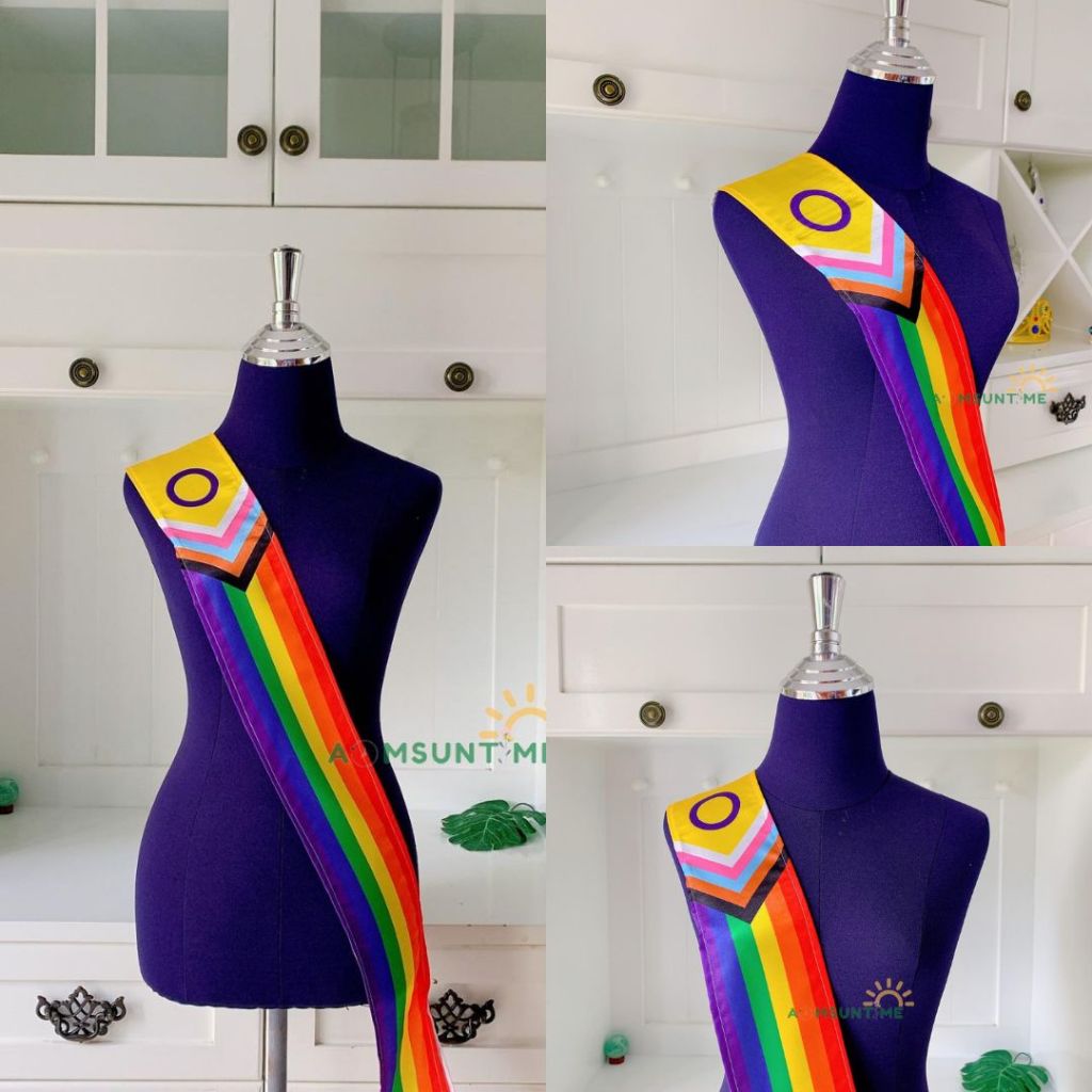 N044 สายสะพายผ้าสีรุ้ง LGBTQ+ สายเปล่าและสกรีนข้อความเนื้อผ้าซาติน